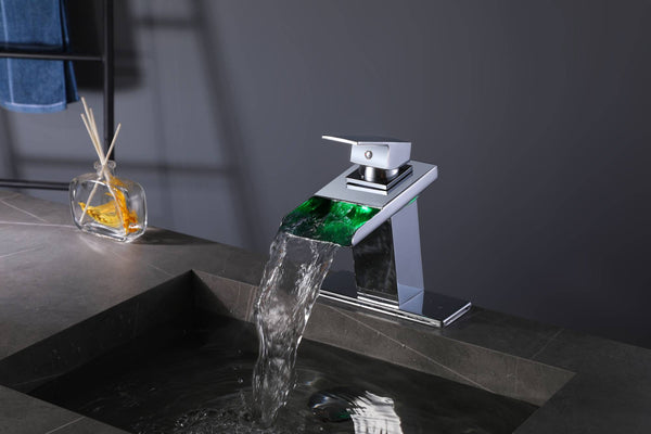 Chrome waterfall 3 LED light single handle brass bathroom faucet with pop up brass drain - wonderland shower inc