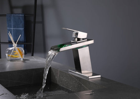 Brushed nickel waterfall 3 LED light single handle brass bathroom faucet with pop up brass drain - wonderland shower inc