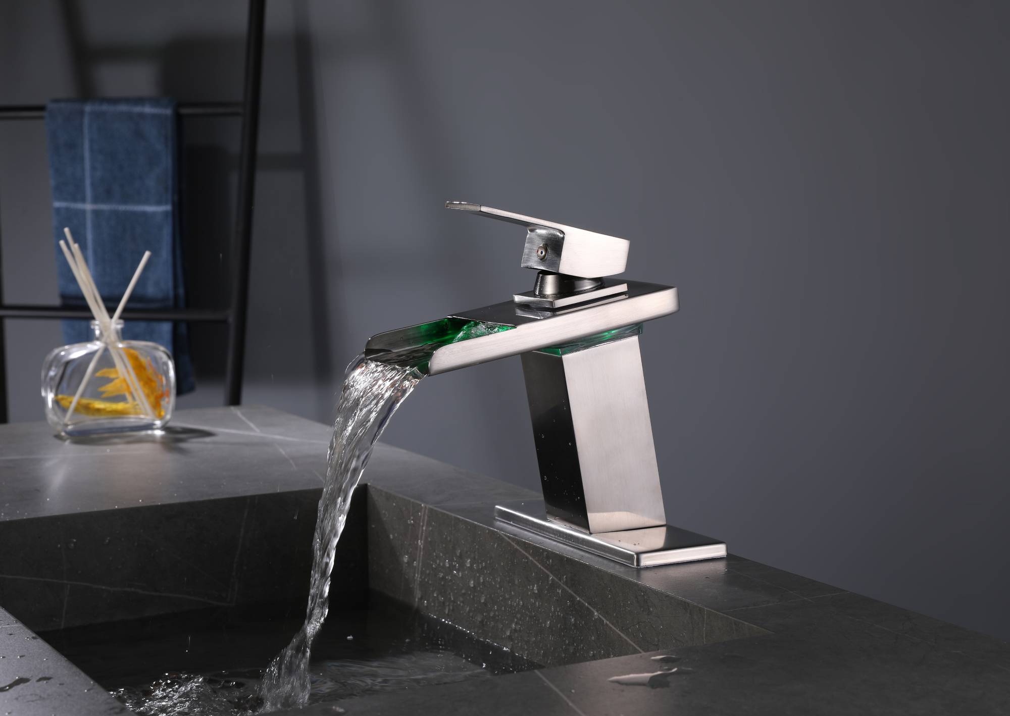 Brushed nickel waterfall 3 LED light single handle brass bathroom faucet with pop up brass drain - wonderland shower inc