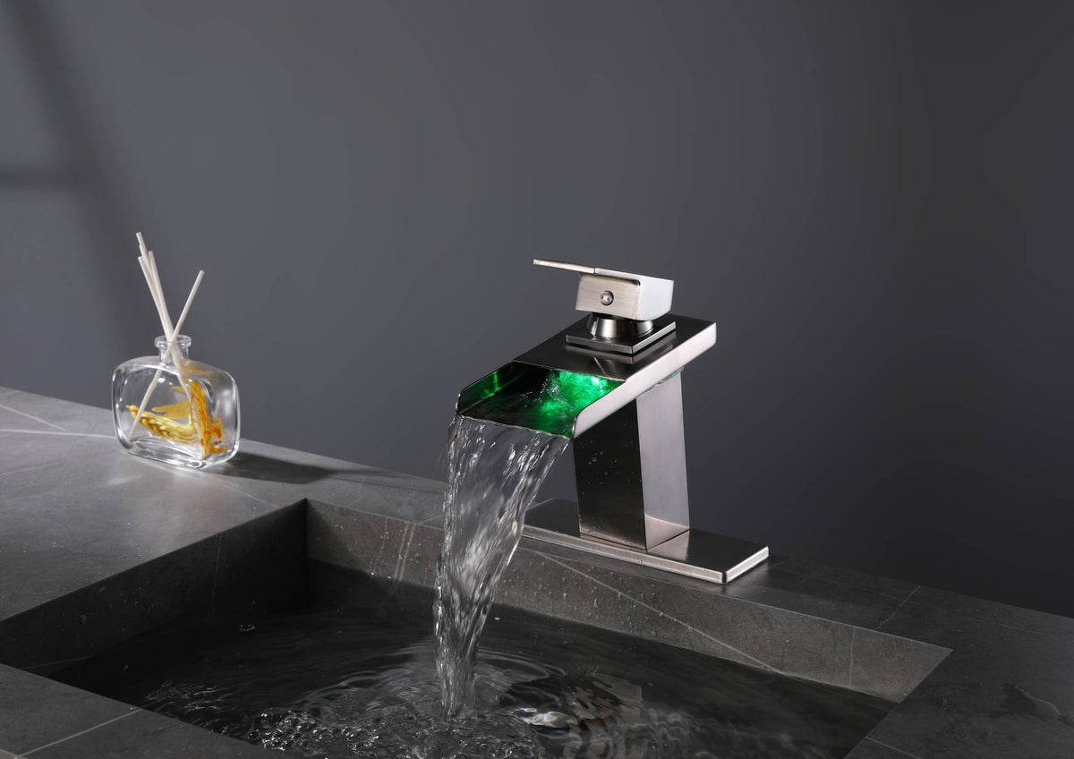 Brushed nickel waterfall 3 LED light single handle brass bathroom faucet with pop up brass drain - wonderland shower inc