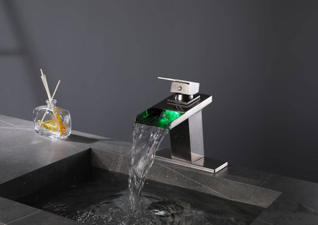 Brushed nickel waterfall 3 LED light single handle brass bathroom faucet with pop up brass drain - wonderland shower inc