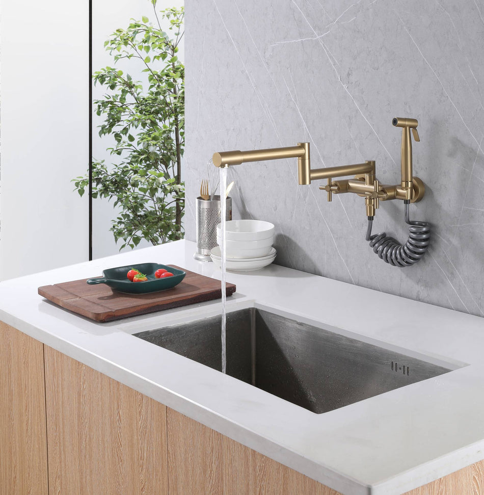 Brushed Gold Pot Filler Faucet Folding Stretchable Brass Hot & Cold Kitchen Faucet Wall Mount with side sprayer