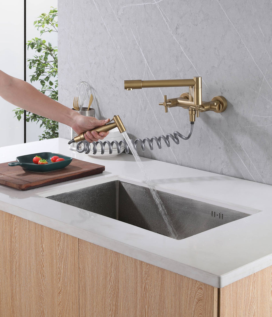 Brushed Gold Pot Filler Faucet Folding Stretchable Brass Hot & Cold Kitchen Faucet Wall Mount with side sprayer