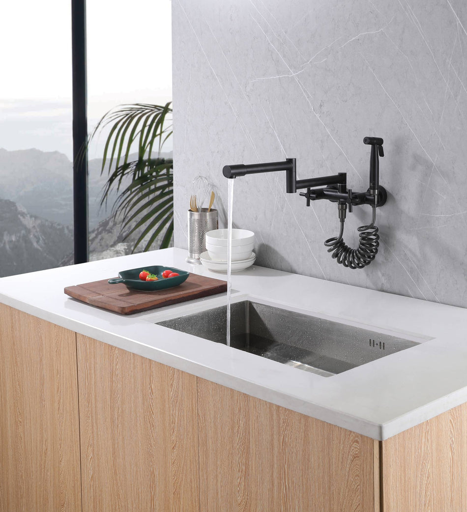 Matte black Pot Filler Faucet Folding Stretchable Brass Hot & Cold Kitchen Faucet Wall Mount with side sprayer
