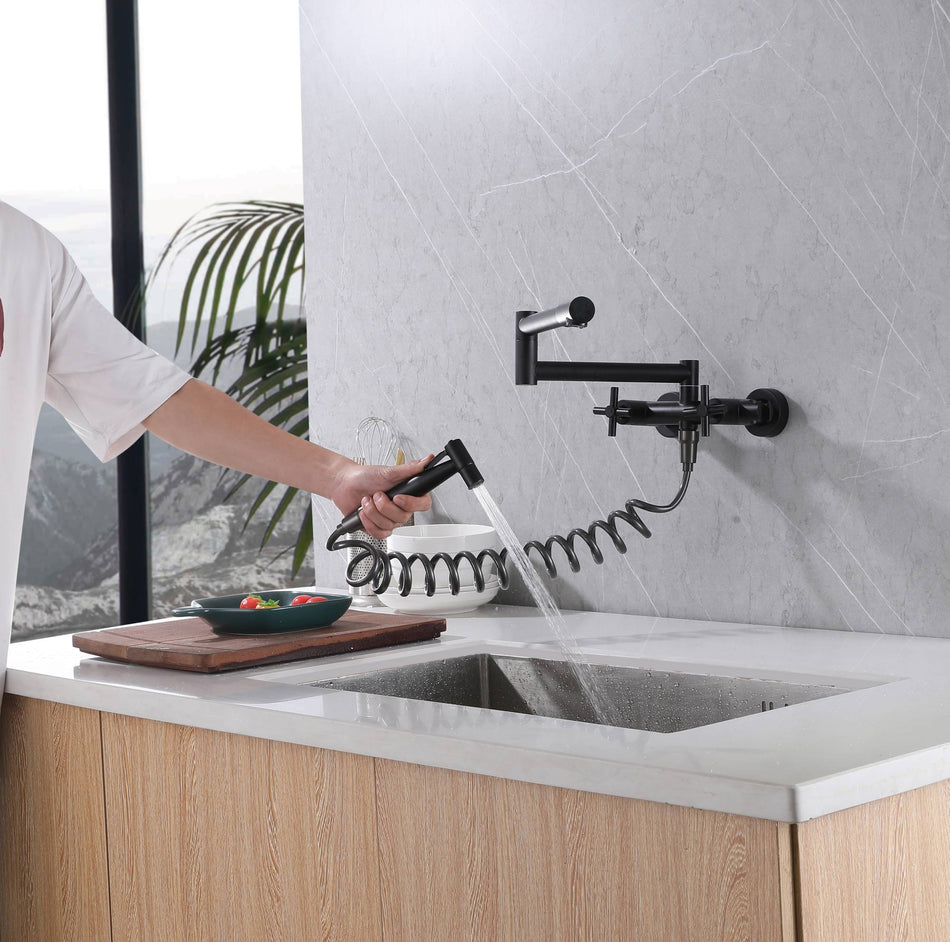 Matte black Pot Filler Faucet Folding Stretchable Brass Hot & Cold Kitchen Faucet Wall Mount with side sprayer