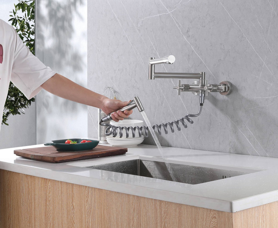 Brushed nickel Pot Filler Faucet Folding Stretchable Brass Hot & Cold Kitchen Faucet Wall Mount with side sprayer