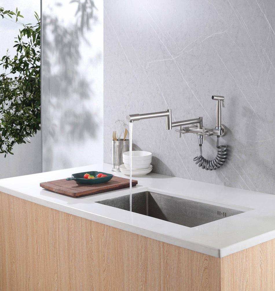 Brushed nickel Pot Filler Faucet Folding Stretchable Brass Hot & Cold Kitchen Faucet Wall Mount with side sprayer