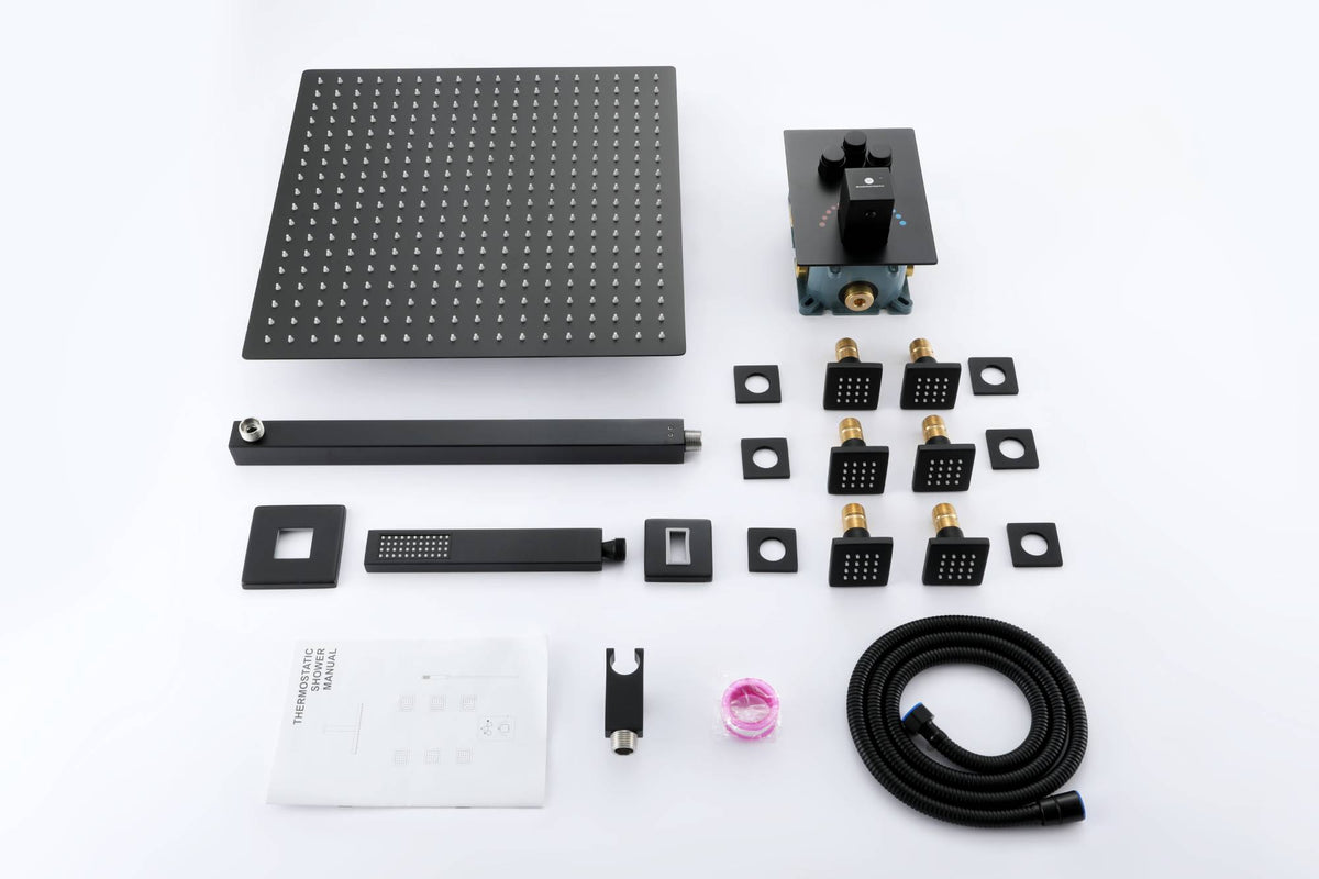 3 way 12inch Matte Black Thermostaic valve Massager System Jets each function work at the same time and separately - wonderland shower inc