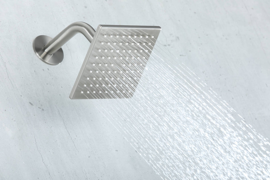 20 Inch Brushed nickel ceiling mount rainfall shower systems 4 way thermostatic valve with 6 body jets and wall mount 6 inch regualr shower head