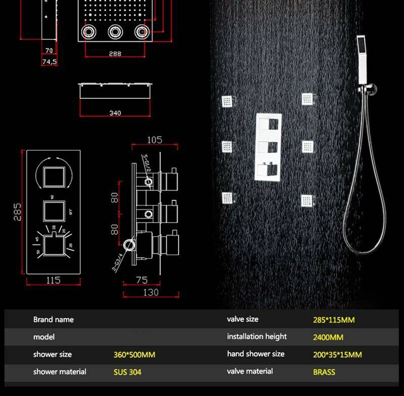 Flush in 20" LED Rainfall Shower Heads Sets Bathroom Thermostatic Valve Faucet Bath Mixer - wonderland shower inc