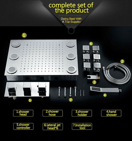 Flush in 20" LED Rainfall Shower Heads Sets Bathroom Thermostatic Valve Faucet Bath Mixer - wonderland shower inc