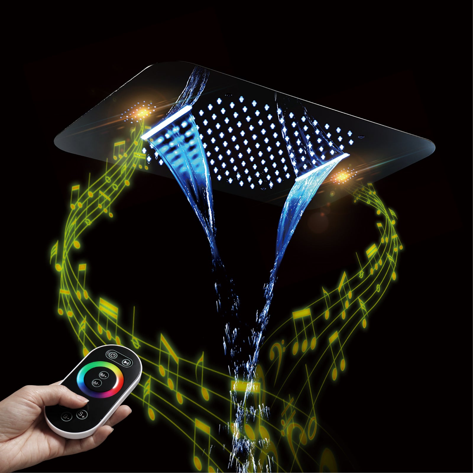 Matte Black 23x15-Inch LED Music Shower Head with 4-Way Thermostatic Shower System and Regular Head - wonderland shower inc