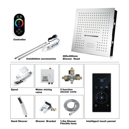 16inch 64 LED colors Chrome Flushed in shower head 3 way thermostatic valve with LED digital display and 6 body jets - wonderland shower inc