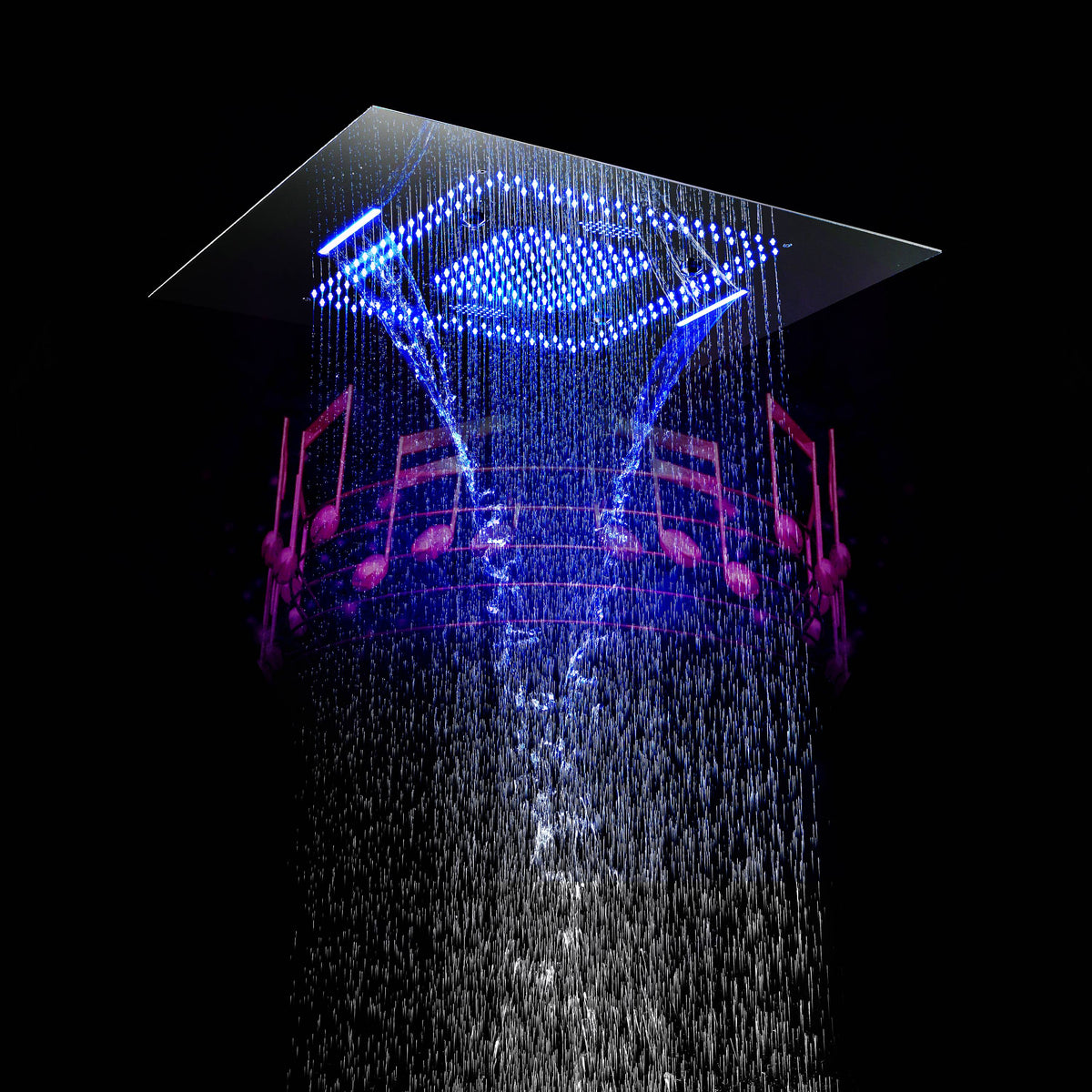 Matte Black 31" Flush-In LED Rainfall Shower Head with 6-Function Faucet, Massage Jet Body Sets & Thermostatic Mixer Valve - Simultaneous or Separate Operation - wonderland shower inc