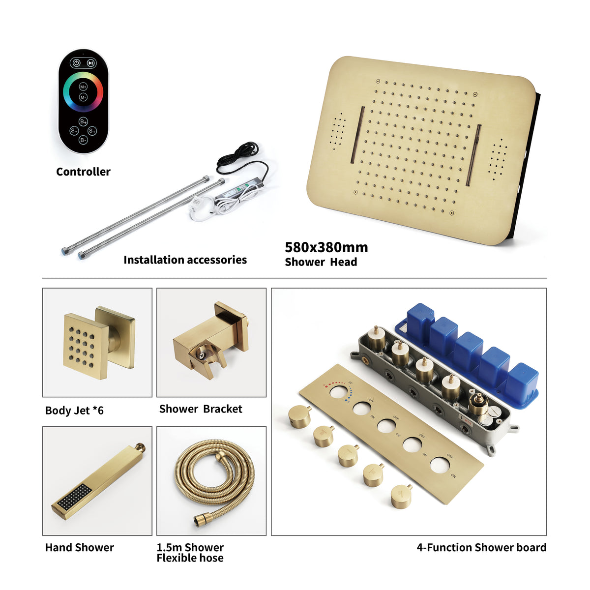 Brushed Gold 23x15 inch LED Music Shower Head with 4-Way Digital Display Thermostatic Shower Faucet for Individual and Combined Functionality - wonderland shower inc