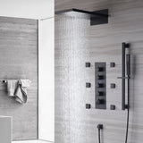 The Exquisite 22'' Matte Black 4-Way Thermostatic Shower Faucet with Waterfall, Rain Massage, Body Jet Spray, and Sliding Bar