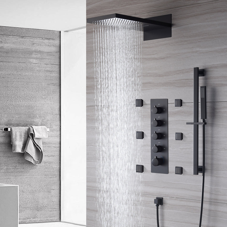 The Exquisite 22'' Matte Black 4-Way Thermostatic Shower Faucet with Waterfall, Rain Massage, Body Jet Spray, and Sliding Bar