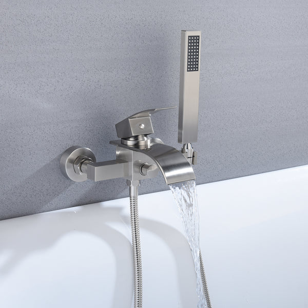 Brushed Nickel Waterfall Wall-Mount Bath Tub Filler Faucet: Complete with Handheld Shower for a Luxurious Bathing Experience - wonderland shower inc