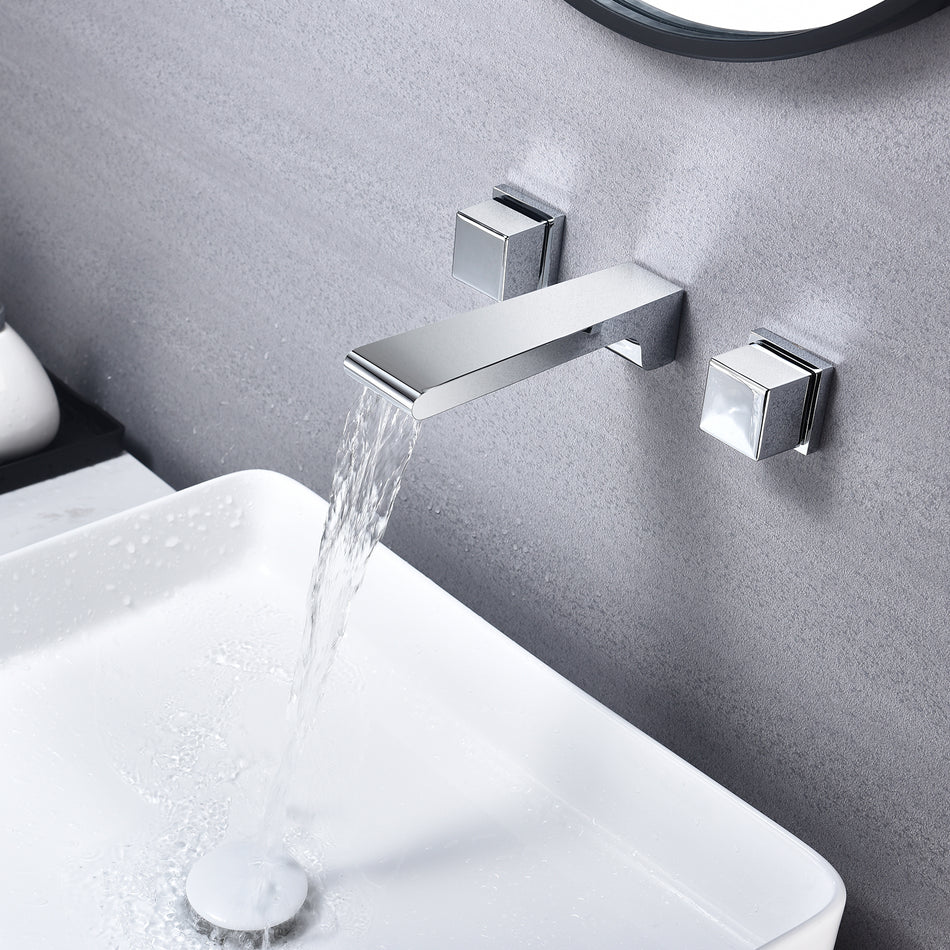Chrome waterfall Wall mount 3 holes two handles bathroom sink faucet with brass pop up overflow drain