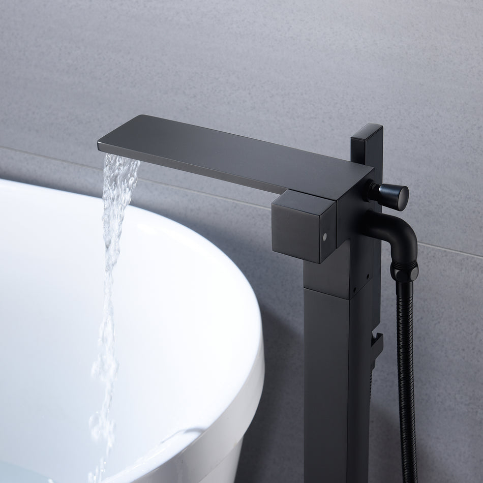 Waterfall Matte Black Freestanding Single Handle Bathtub Faucet with Handheld Sprayer