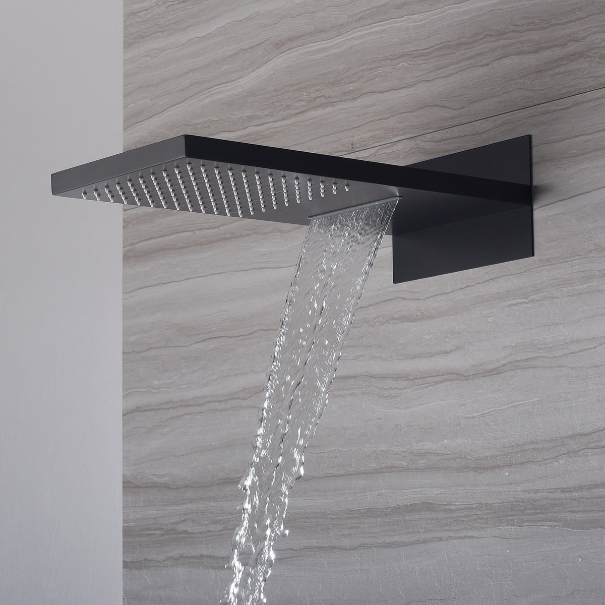 22-Inch Wall-Mount Matte Black Rainfall and Waterfall Shower Head with 3-Way Thermostatic Shower Faucet, Available with or without LED Light - wonderland shower inc