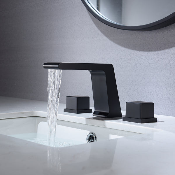 Widespread Matte Black Two Handles 3-Hole Bathroom Sink Faucet with Pop-Up Overflow Brass Drain - wonderland shower inc