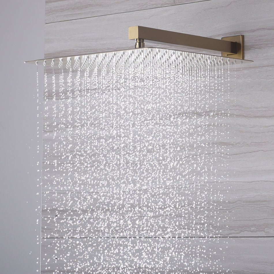 Brushed gold 12inch rainfall shower head 3 way thermostatic shower faucet with sliding bar and 6 body jets