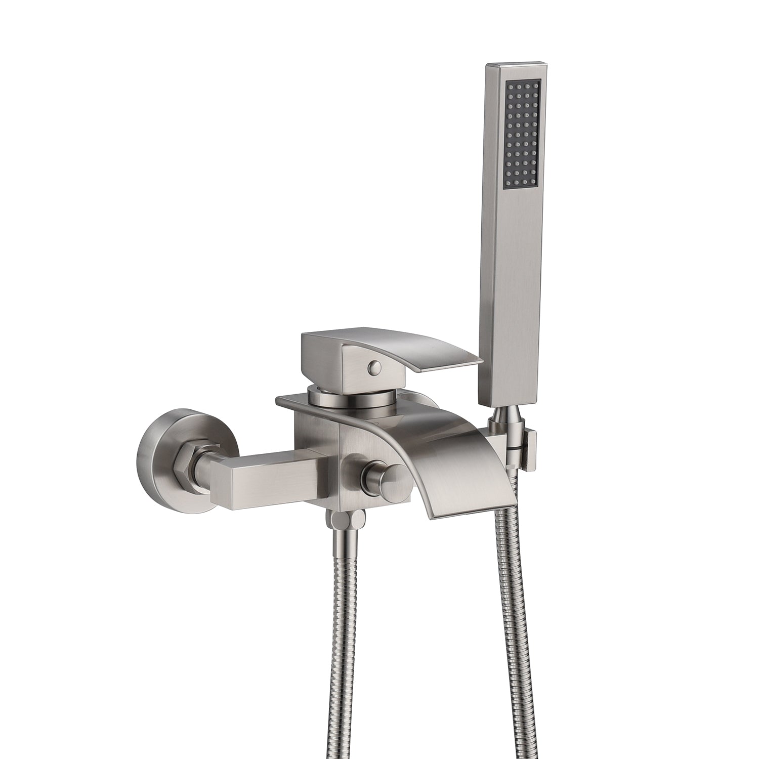 Brushed Nickel Waterfall Wall-Mount Bath Tub Filler Faucet: Complete with Handheld Shower for a Luxurious Bathing Experience - wonderland shower inc