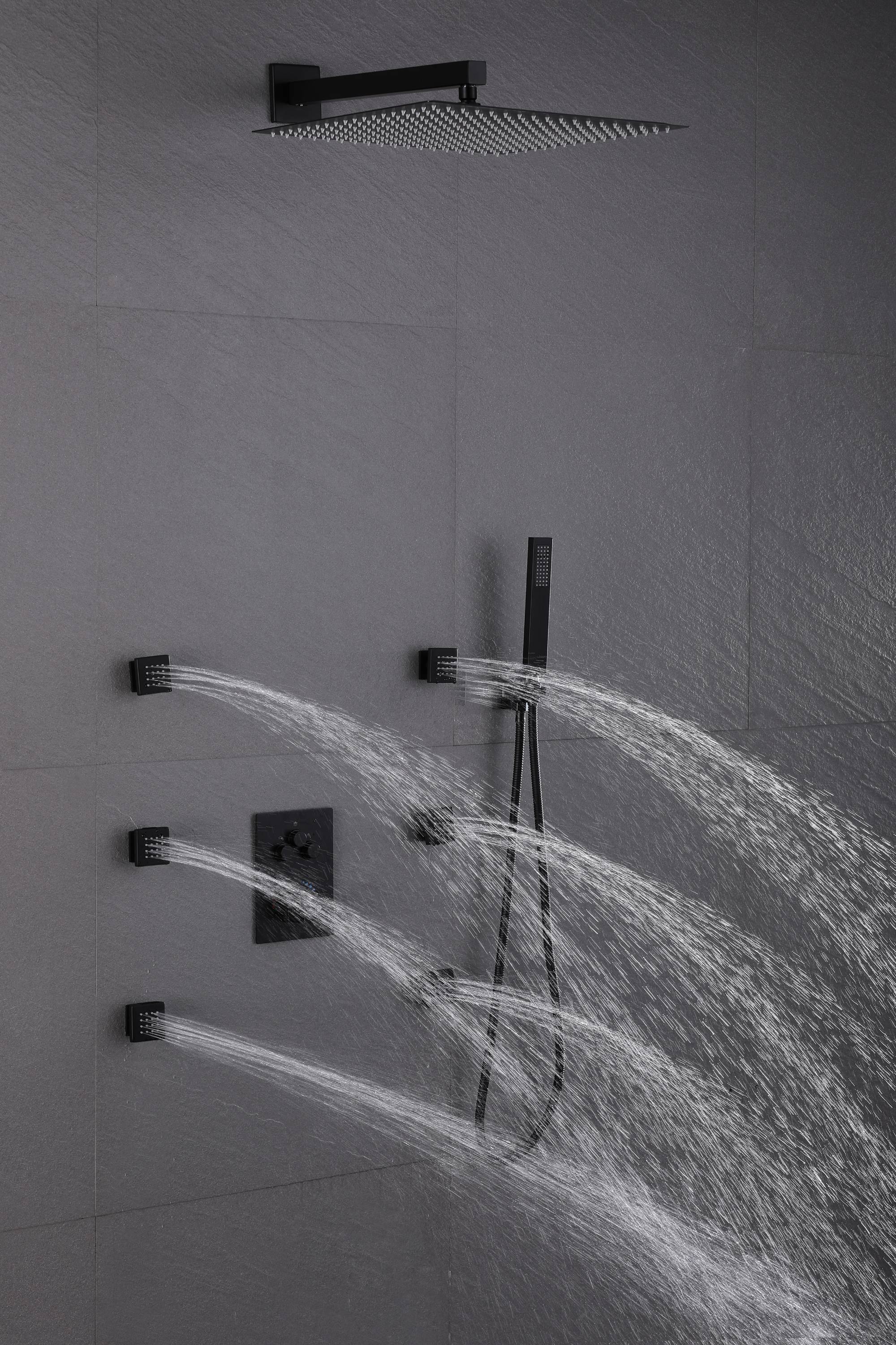 3 way 12inch Matte Black Thermostaic valve Massager System Jets each function work at the same time and separately - wonderland shower inc