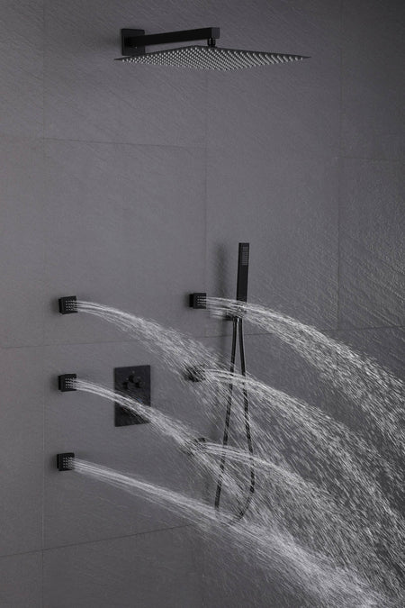 3 way 12inch Matte Black Thermostaic valve Massager System Jets each function work at the same time and separately - wonderland shower inc