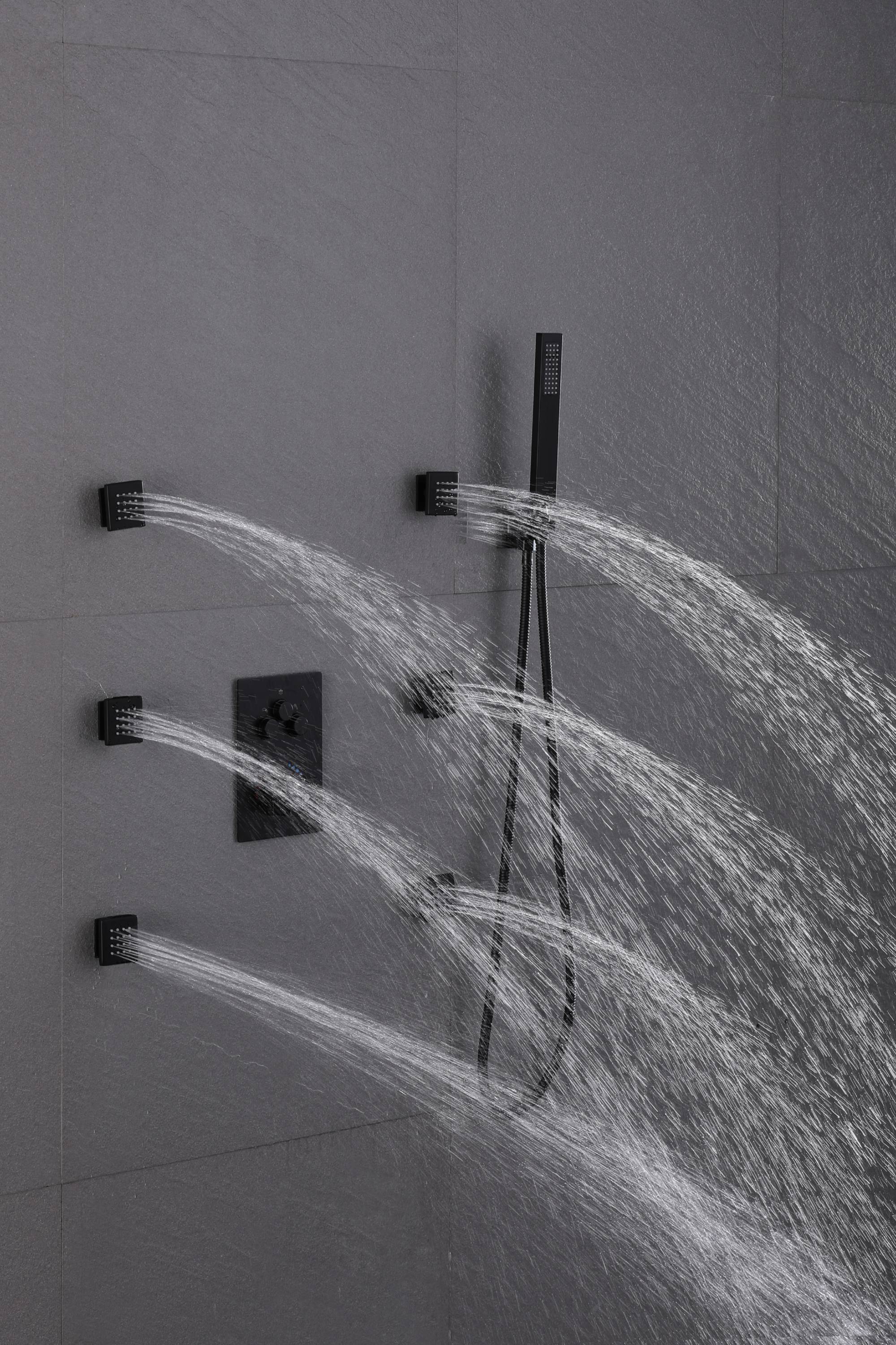 3 way 12inch Matte Black Thermostaic valve Massager System Jets each function work at the same time and separately - wonderland shower inc