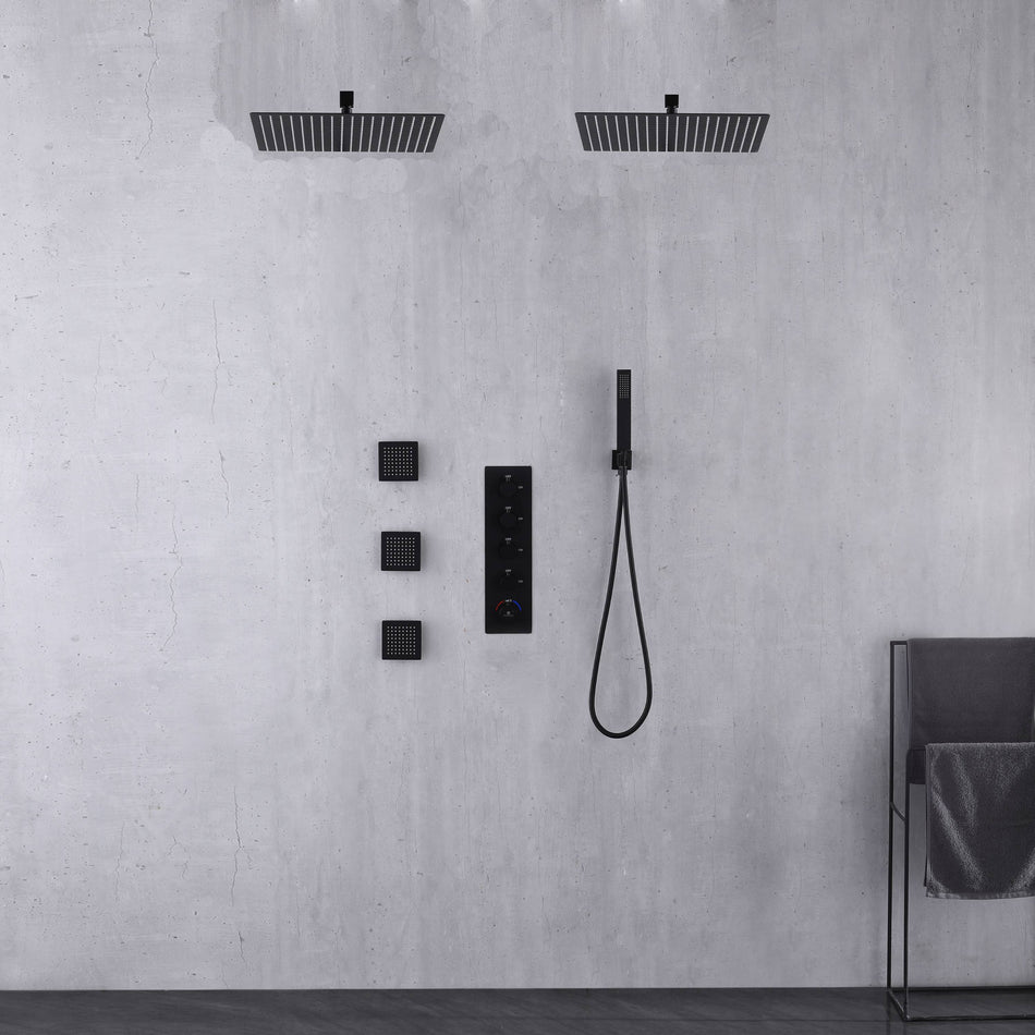 Wall mount 12 inch or 16 inch matte black rainfall shower system 4 way thermostatic rough in valve with body jets