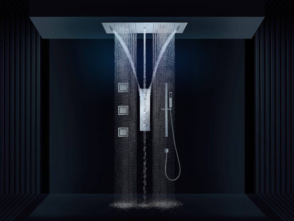 35-Inch Chrome Rainfall, Waterfall, and Water Column Shower System with LED Colors, Bluetooth Music, 5-Way Thermostatic Valve, 3 Body Jets, Touch Panel, and Sliding Bar