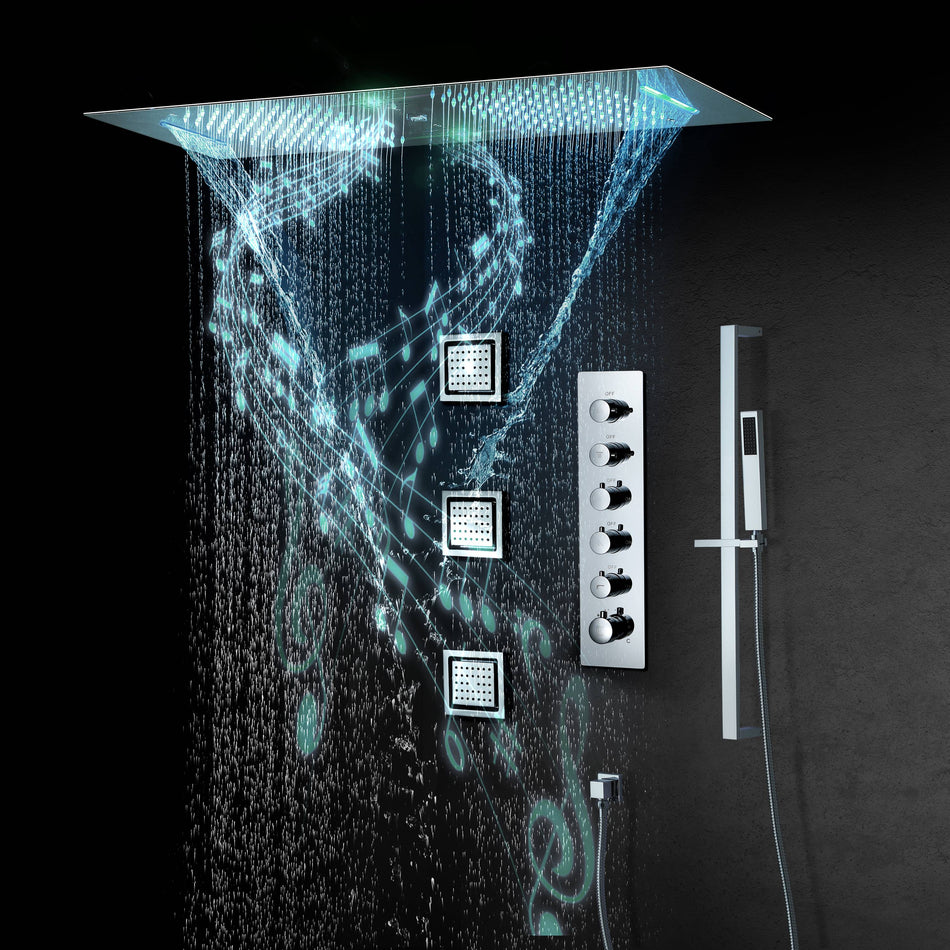 35-Inch Chrome Rainfall, Waterfall, and Water Column Shower System with LED Colors, Bluetooth Music, 5-Way Thermostatic Valve, 3 Body Jets, Touch Panel, and Sliding Bar