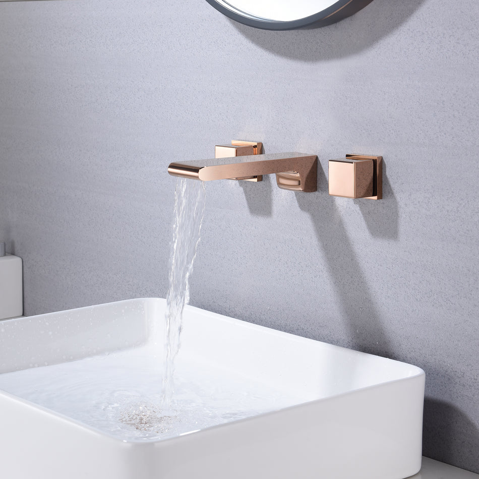 Rose Gold Waterfall Wall Mount Bathroom Sink Faucet with Overflow Brass Pop-Up Drain