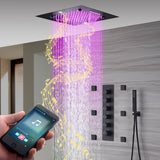 20-Inch Matte Black Rainfall, Waterfall, and Mist Shower System with LED Colors, Bluetooth Music, 5-Way Thermostatic Valve, 6 Body Jets, and Touch Panel