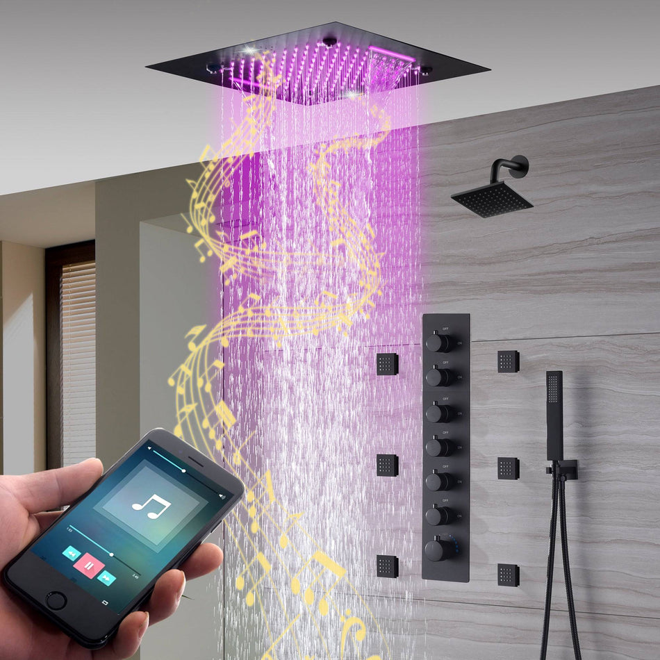 Bluetooth Music 64 LED colors 20 inch Matte Black flushed on rainfall waterfall mist shower systems 6 way thermostatic valve with Regular head and 6 body jets and touch panel