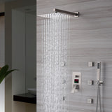 Brushed nickel wall mounted 3 function rain showers system digital display anti-scald rough in valve with 6 body jets