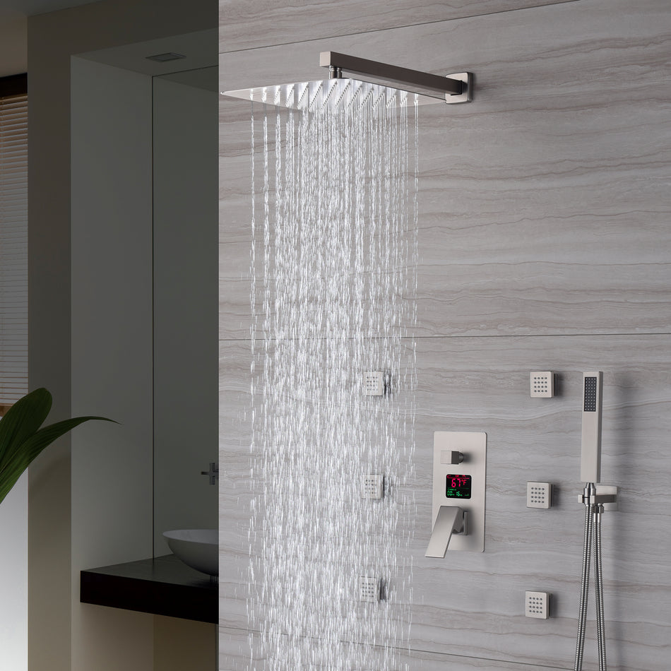 Brushed nickel wall mounted 3 function rain showers system digital display anti-scald rough in valve with 6 body jets