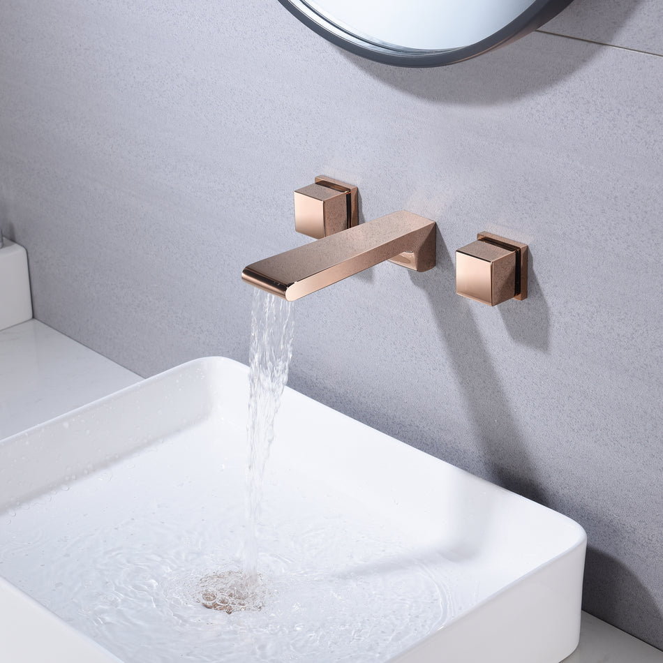 Rose Gold Waterfall Wall Mount Bathroom Sink Faucet with Overflow Brass Pop-Up Drain