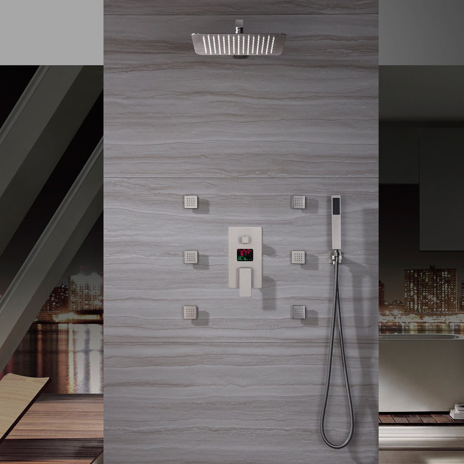 Brushed nickel wall mounted 3 function rain showers system digital display anti-scald rough in valve with 6 body jets