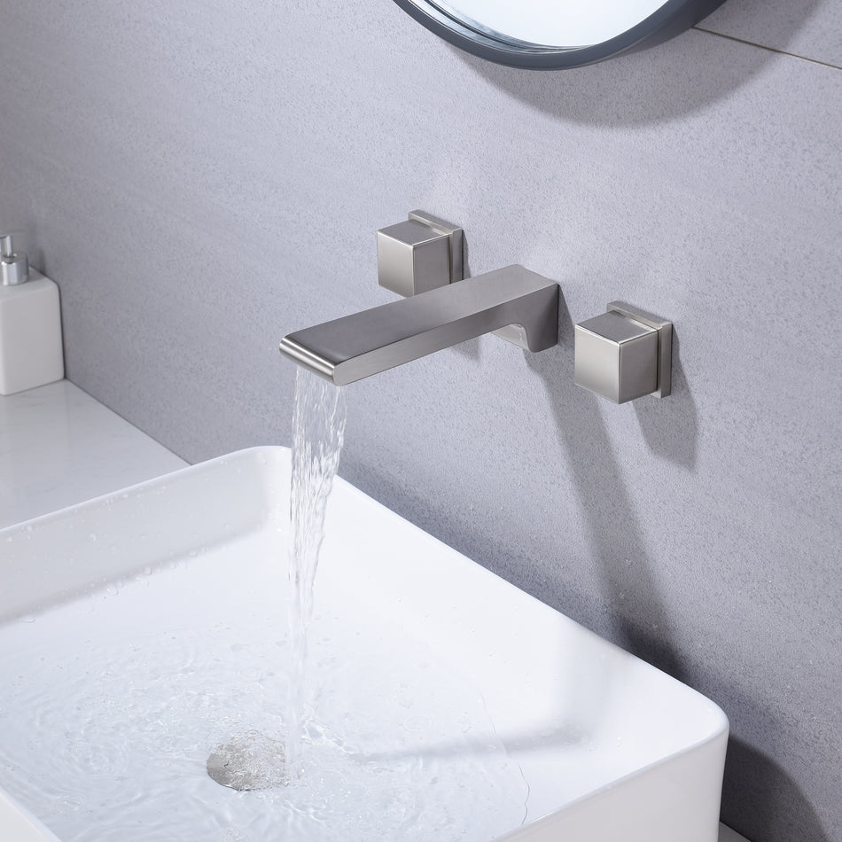 Brushed nickel waterfall wall mount bathroom sink faucet with overflow brass pop up drain