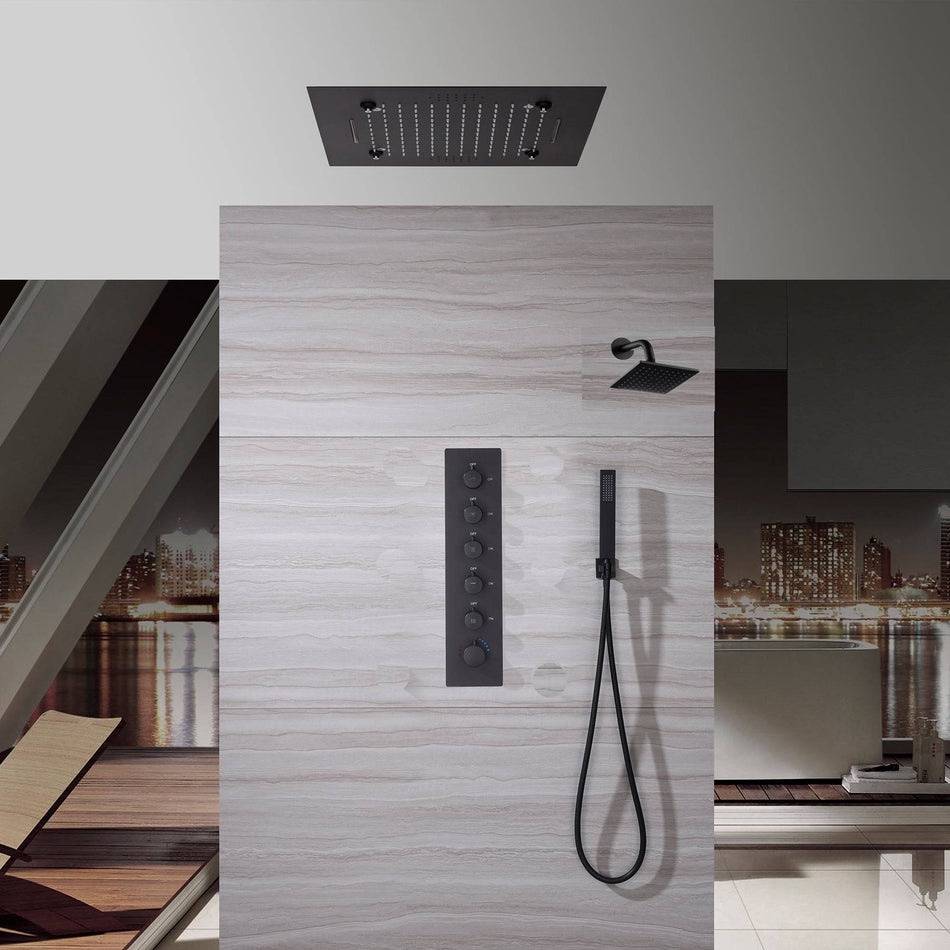 Bluetooth Music 64 LED colors 20 inch Matte Black flushed on rainfall waterfall mist shower systems 5 way thermostatic valve with 6 inch regular head and touch panel