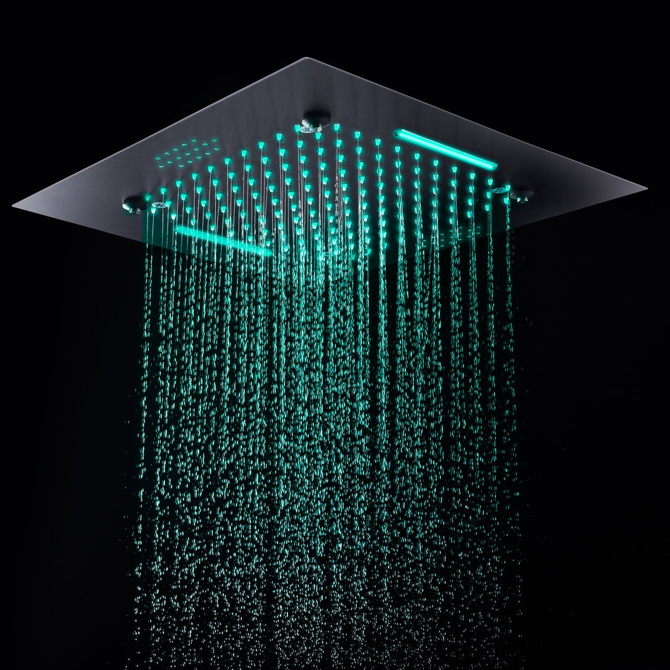 Bluetooth Music 64 LED colors 20 inch Matte Black flushed on rainfall waterfall mist shower systems 6 way thermostatic valve with Regular head and 6 body jets and touch panel