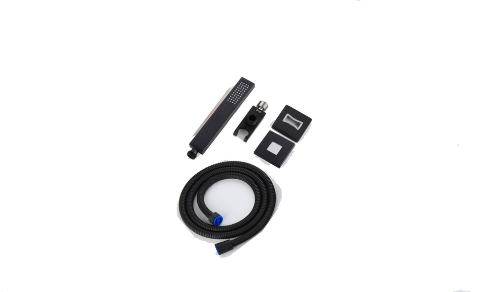 matte black handheld shower with shower holder and hose