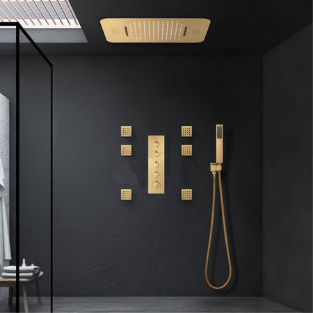 Brushed Gold 23x15 inch LED Music Shower Head with 4-Way Digital Display Thermostatic Shower Faucet for Individual and Combined Functionality - wonderland shower inc