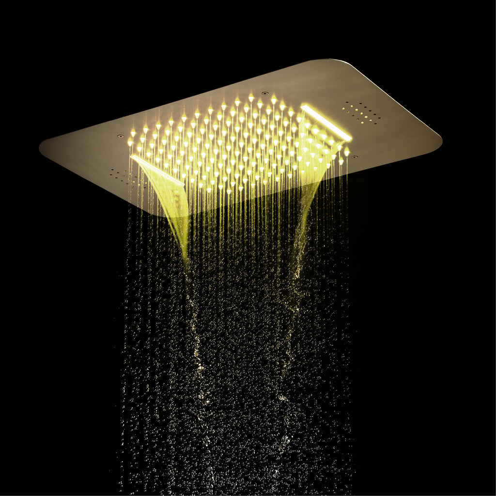 Brushed Gold 23x15 inch LED Music Shower Head with 4-Way Digital Display Thermostatic Shower Faucet for Individual and Combined Functionality - wonderland shower inc