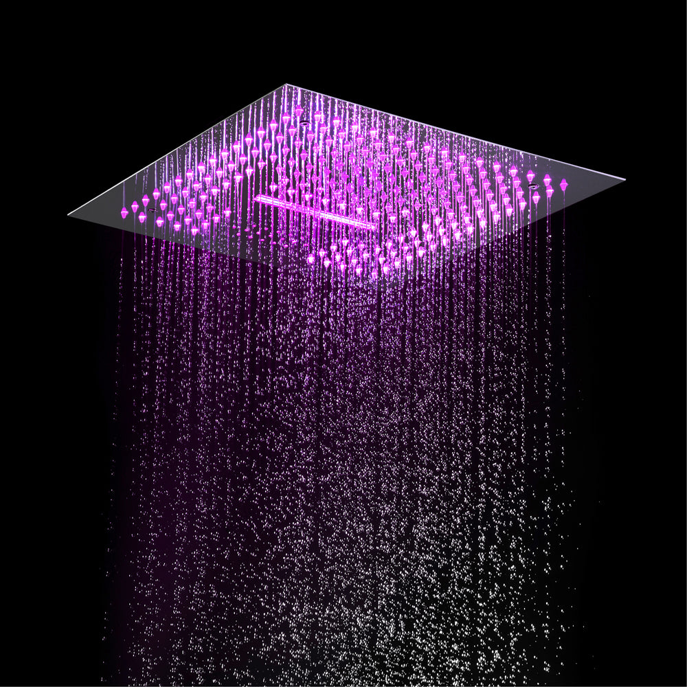 16inch 64 LED colors Chrome Flushed in shower head 3 way thermostatic valve with LED digital display and 6 body jets - wonderland shower inc
