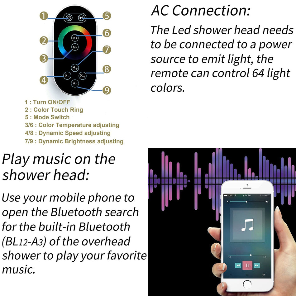 matte black 23 inch rainfall waterfall 64 LED lights Bluetooth Music s ...