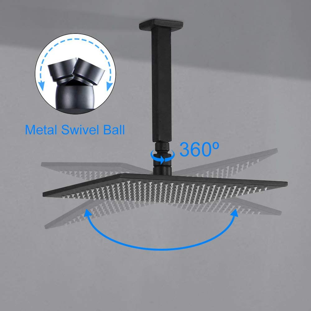 Ceiling Mount Matte Black LED Rain Shower System - Available in 12 inch or 16 inch - 3-Way Anti-Scald Digital Display Rough-in Valve and 6 Body Jets Included" - wonderland shower inc